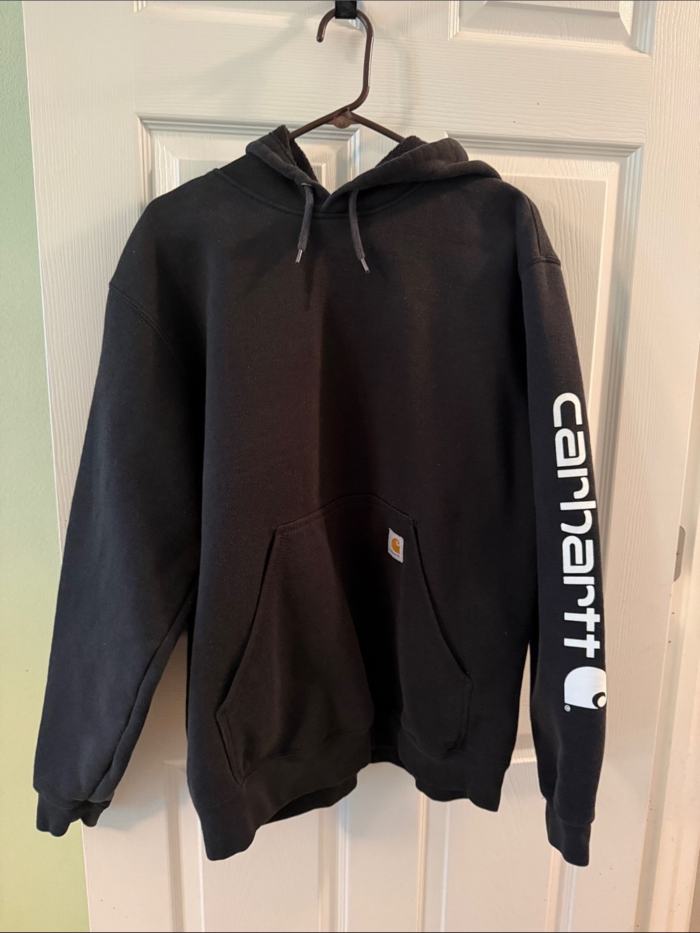 Carhartt Men’s Black Crewneck Hoodie with Sleeve Script loose fit
